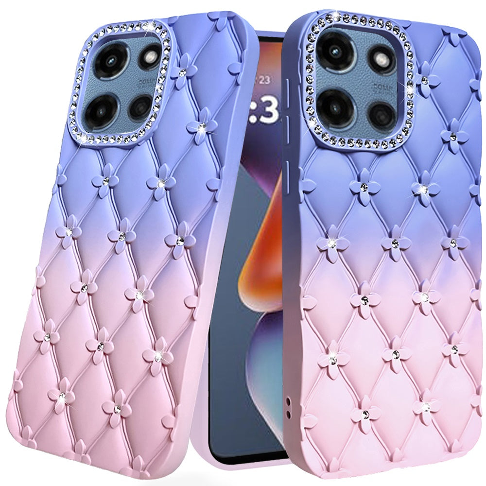 For Motorola Moto G Power 5G 2025 Fashion Flower Design Sparkle Glitter Shimmer Rhinestone Bling Floral Accents, Leather Texture TPU Case Cover