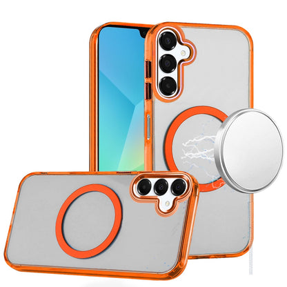 For Samsung Galaxy A16 5G Transparent Back Hybrid Case - Magnetic Circle, Color Frame, Metal Buttons, MagSafe Compatible Case Cover Cosmic Orange