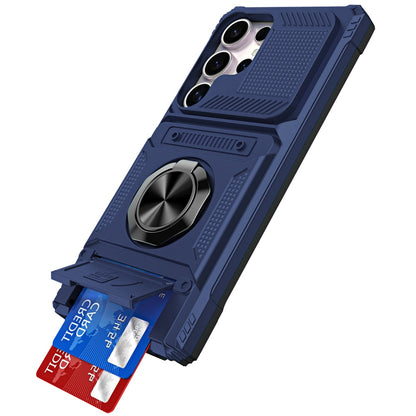 For Samsung Galaxy S26 Ultra 2X Card Slot Metal Ring Stand Hybrid Shockproof Heavy Duty Drop Protection Multi Functional Design Case Cover