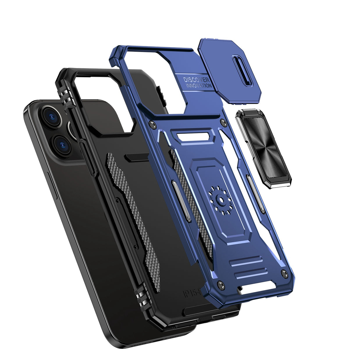 Phone Case for iPhone 15 Tough Metal Ring Shockproof Sliding Camera Window Hybrid Armor Rugged Anti Slip Heavy Duty Grip Cover Blue