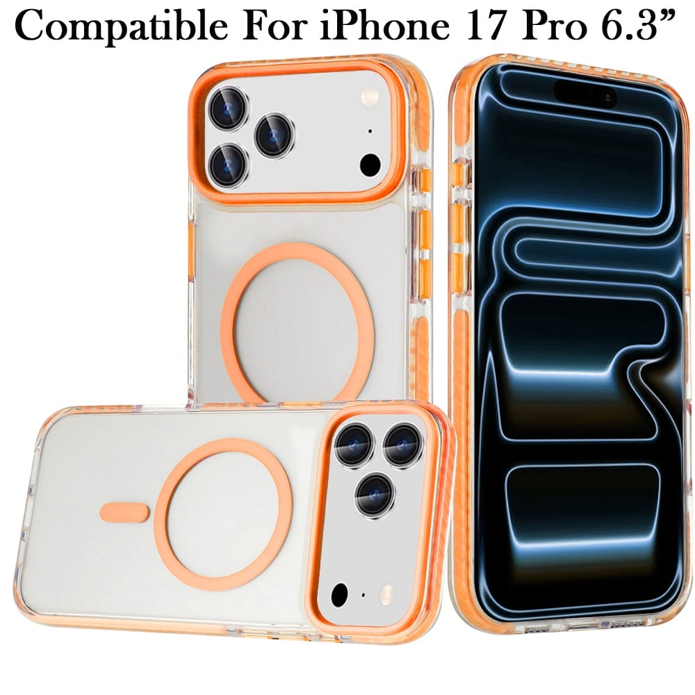 For Apple iPhone 17 Pro (6.3") Transparent Hybrid with Color-Matched Magnetic Circle, Rubber TPU Frame Hard PC Shockproof Case Cover Cosmic Orange