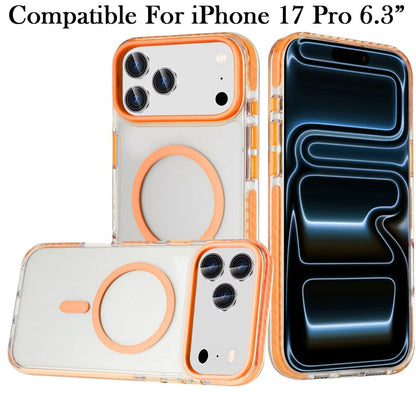 For Apple iPhone 17 Pro (6.3") Transparent Hybrid with Color-Matched Magnetic Circle, Rubber TPU Frame Hard PC Shockproof Case Cover Cosmic Orange