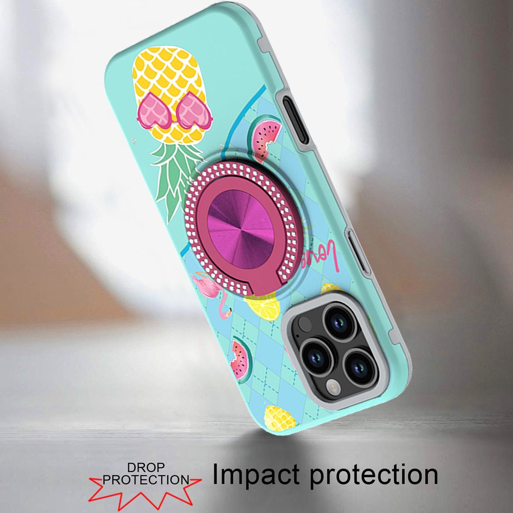 For iPhone 16 Pro Max (6.9") Pattern Design Hybrid with Invisible Ring Stand & Magnetic Back, Shockproof Protective Grip Case Cover