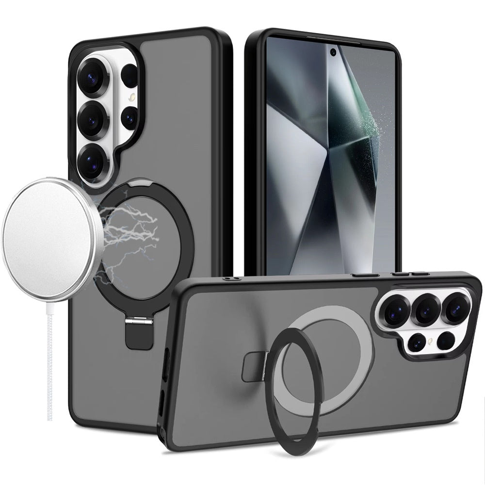 Phone Case for Galaxy S24 Ultra Magnetic Ring Stand Full Rotation Matte Shockproof Grip Anti Slip Durable Camera Protection Hybrid Cover Black