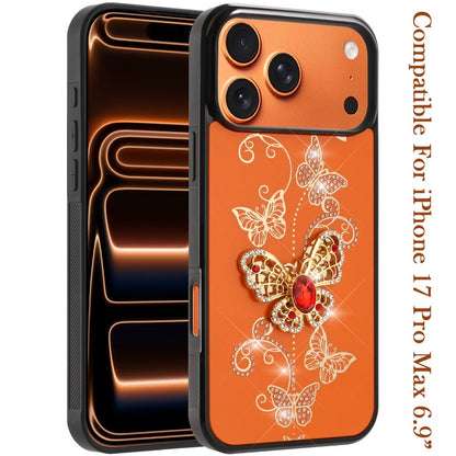 Phone Case for Apple iPhone 17 Pro Max (6.9") Diamond Glitter 3D Butterfly Engraved Luxury Bling Hybrid Shockproof Chrome Edge Protective Durable Grip Cover Garden Butterflies Cosmic Orange