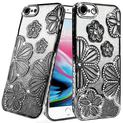 Phone Case for Apple iPhone SE 3 (2022) SE/8/7 Shimmer Glitter Floral Thick TPU Shockproof Durable Grip Camera Protection Anti-Scratch Stylish Design Cover