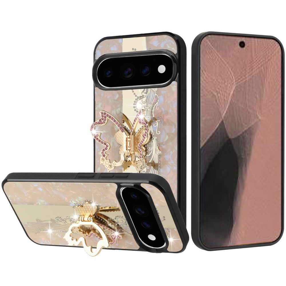 Phone Case for Google Pixel 11 /11 Pro Diamond Glitter Butterfly Engraved Ring Stand Luxury Bling Hybrid Shockproof Chrome Edge Protective Durable Grip Cover
