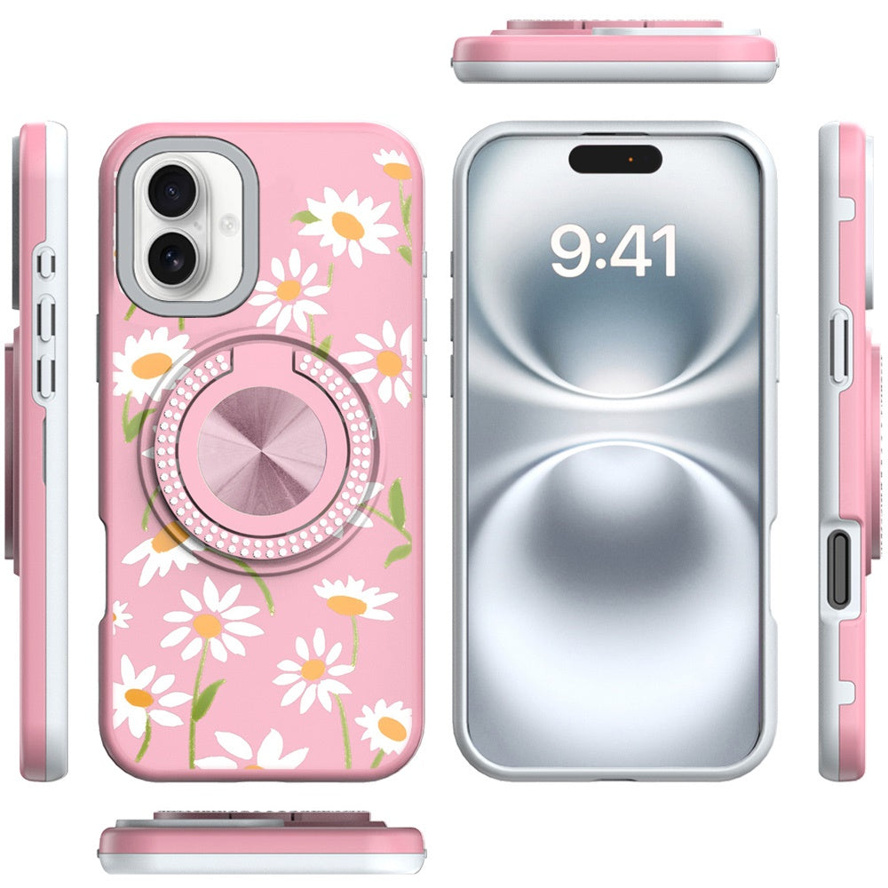 For iPhone 16 (6.1") Pattern Design Hybrid with Invisible Ring Stand & Magnetic Back, Shockproof Protective Grip Case Cover