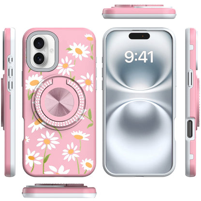 For iPhone 16 (6.1") Pattern Design Hybrid with Invisible Ring Stand & Magnetic Back, Shockproof Protective Grip Case Cover