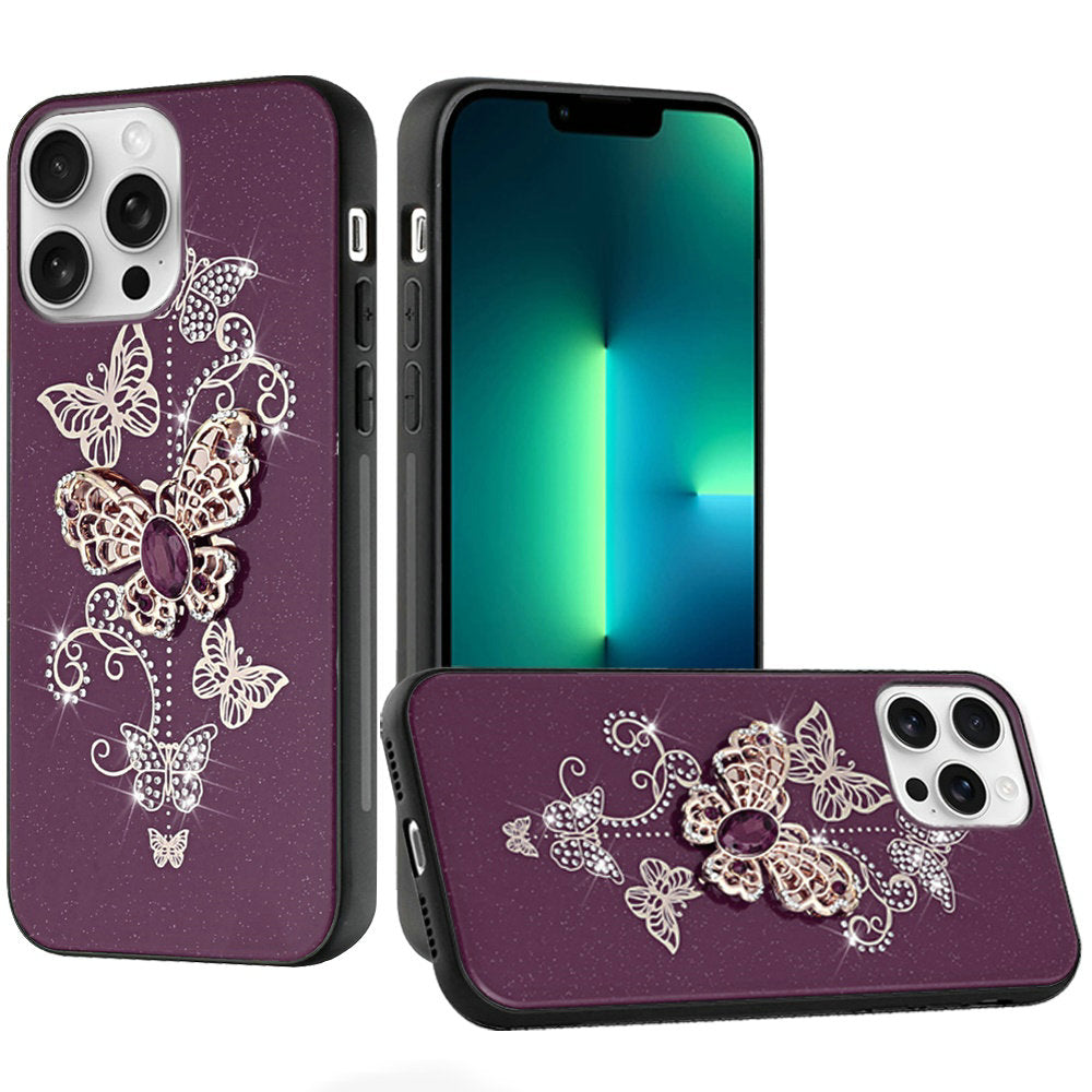 Phone Case for Apple iPhone 13 Pro Max Diamond Glitter 3D Butterfly Engraved Luxury Bling Hybrid Shockproof Chrome Edge Protective Durable Grip Cover Purple