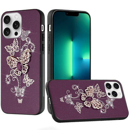 Phone Case for Apple iPhone 13 Pro Max Diamond Glitter 3D Butterfly Engraved Luxury Bling Hybrid Shockproof Chrome Edge Protective Durable Grip Cover Purple