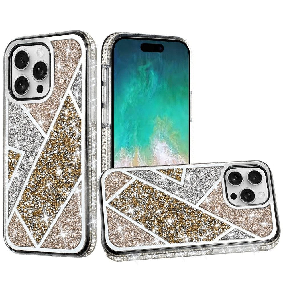 For Apple iPhone 16 (6.1") Cute Fancy Glitter Bling Diamond Rhinestone Sparkly Bumper Fashion Shiny Hybrid Rugged TPU Case Cover Gold