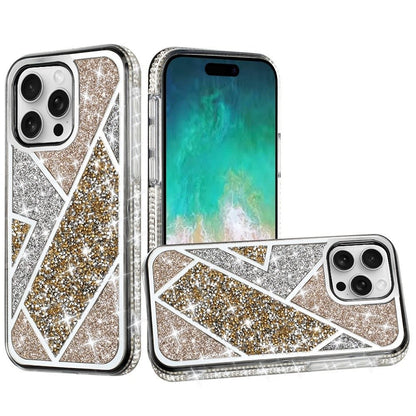 For Apple iPhone 16 (6.1") Cute Fancy Glitter Bling Diamond Rhinestone Sparkly Bumper Fashion Shiny Hybrid Rugged TPU Case Cover Gold