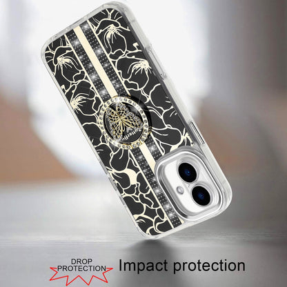 For Apple iPhone 17 (6.3") Diamonds 3D Butterfly Floral Design Bling Sparkly Glitter Hybrid Metal Fashion with Ring Stand Case Cover