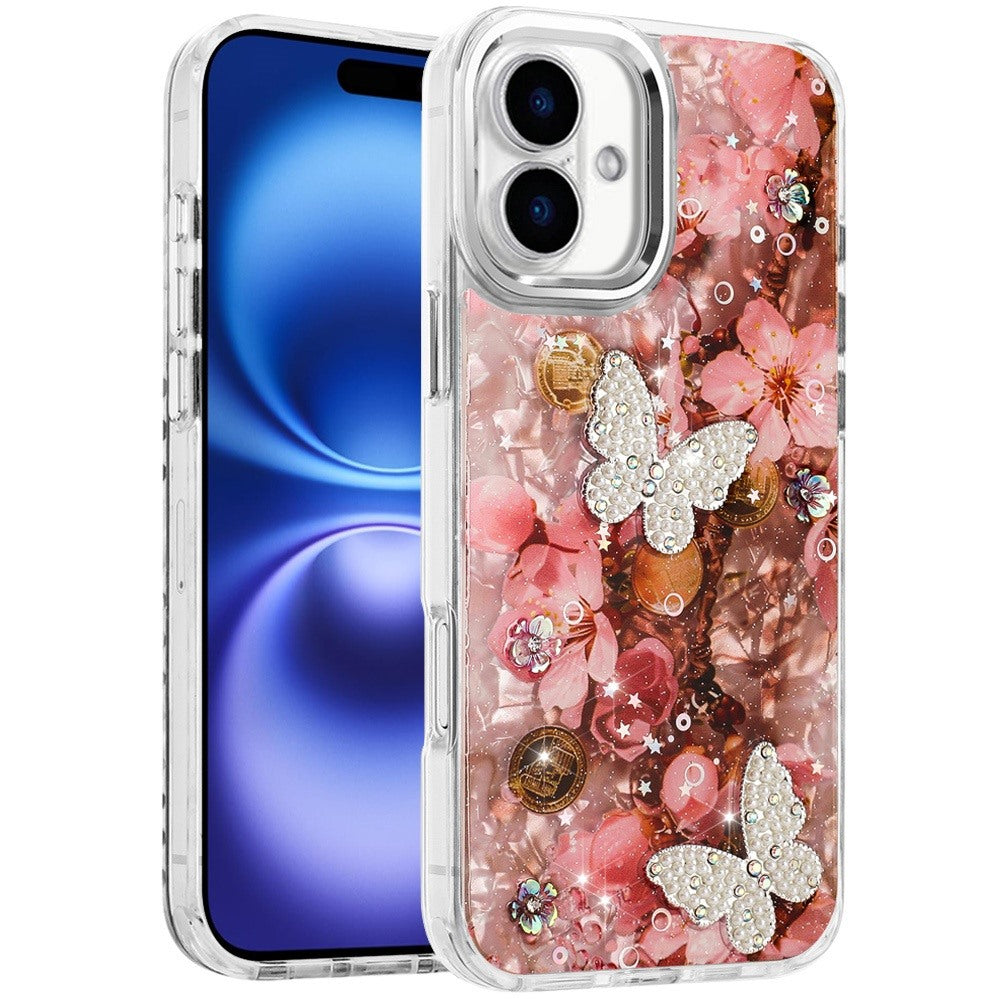 For Apple iPhone 17 (6.3") Epoxy Glitter Flowers Bling 3D Butterfly Fashion TPU Hybrid with Shockproof Protection Case Cover