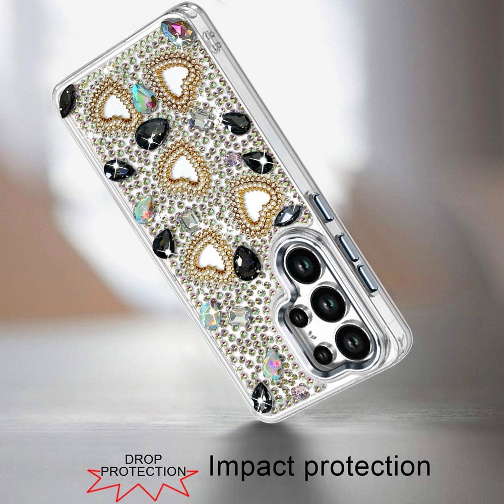 Phone Case for Samsung Galaxy S25 Ultra Luxury Crystal Heart Rhinestone Diamond Bling Shockproof Hybrid Glitter Protective Stylish Durable Grip Cover
