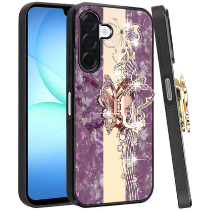 Phone Case for Samsung Galaxy A17 5G Diamond 3D Fashion Floral Glitter Engraved Luxury Bling Hybrid Shockproof Chrome Edge Protective Grip Cover Purple