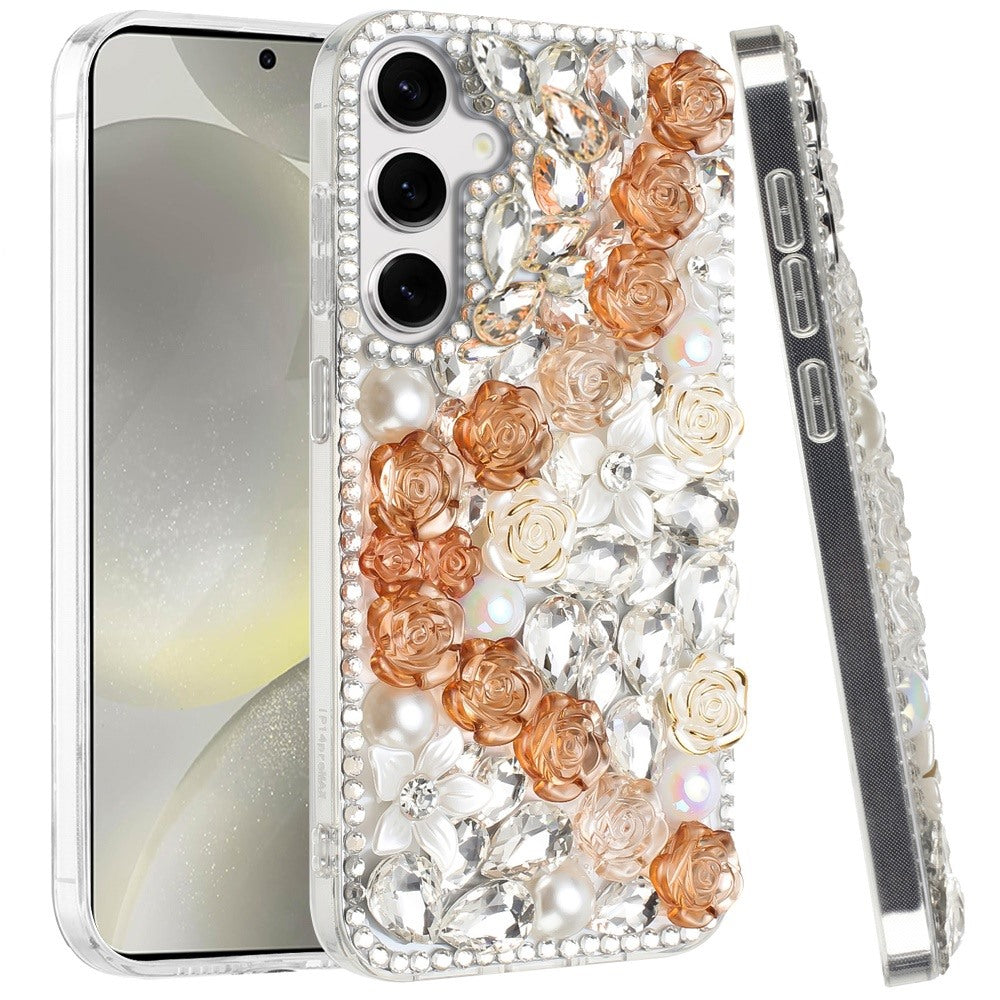 For Samsung Galaxy S25 /S24 Fashion Rose Flower Floral, 3D Bling Crystal Full Diamonds Pearl Sparkle Rhinestone Glitter Hybrid Case Cover