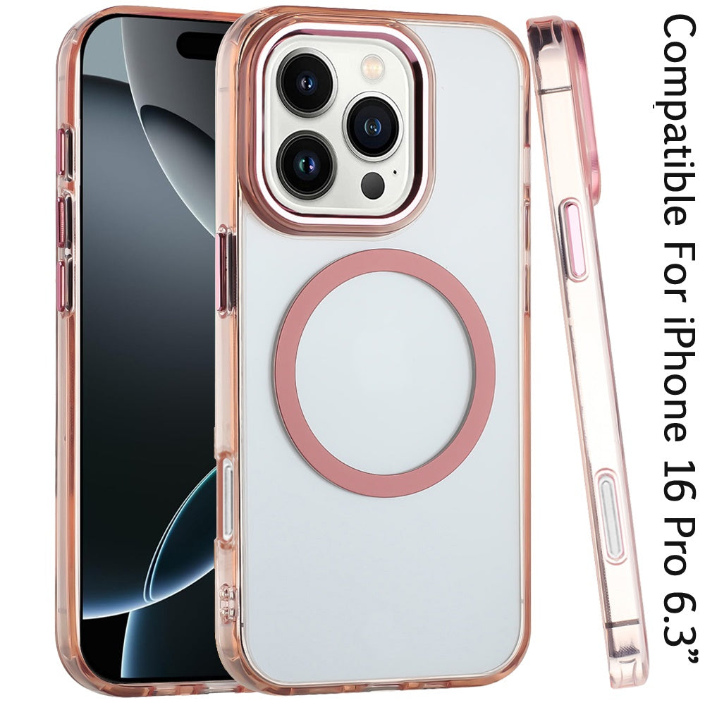 For Apple iPhone 16 Pro Transparent Back Hybrid Case - Magnetic Circle, Color Frame, Metal Buttons, MagSafe Compatible Case Cover