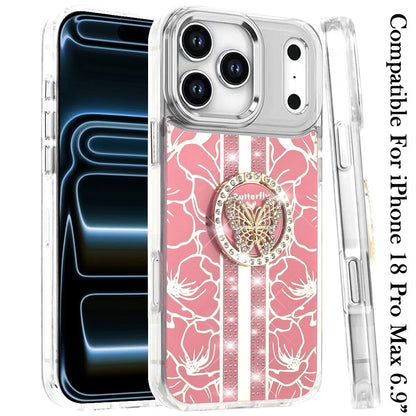 Phone Case for Apple iPhone 18 Pro Max Floral Butterfly Ring Stand Glitter Bling Shockproof Hybrid Luxury Fashion Protective Anti Slip Durable Grip Cover