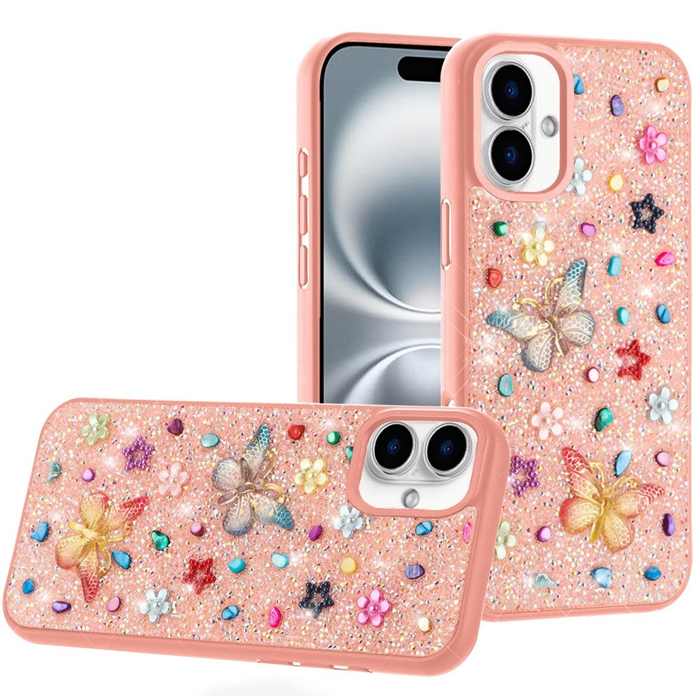 Phone Case for Apple iPhone 16 3D Butterfly Diamond Bling Glitter Shockproof Stylish Protective Luxury Hybrid Sparkly Durable Grip Design Cover Pink