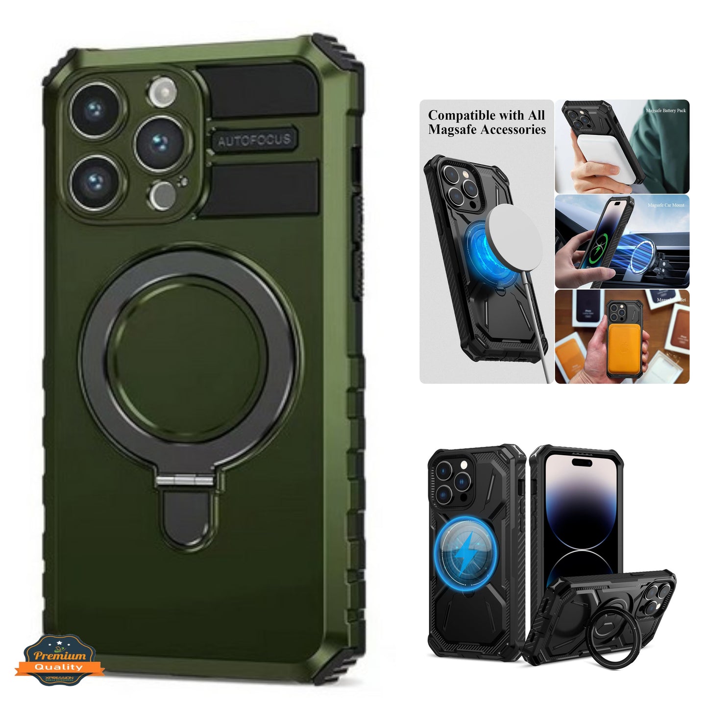 For Apple iPhone 15 (6.1") Hybrid Bumper Invisible Stand Compatible with Magsafe 360° Ring Kickstand Shockproof  Phone Case Cover