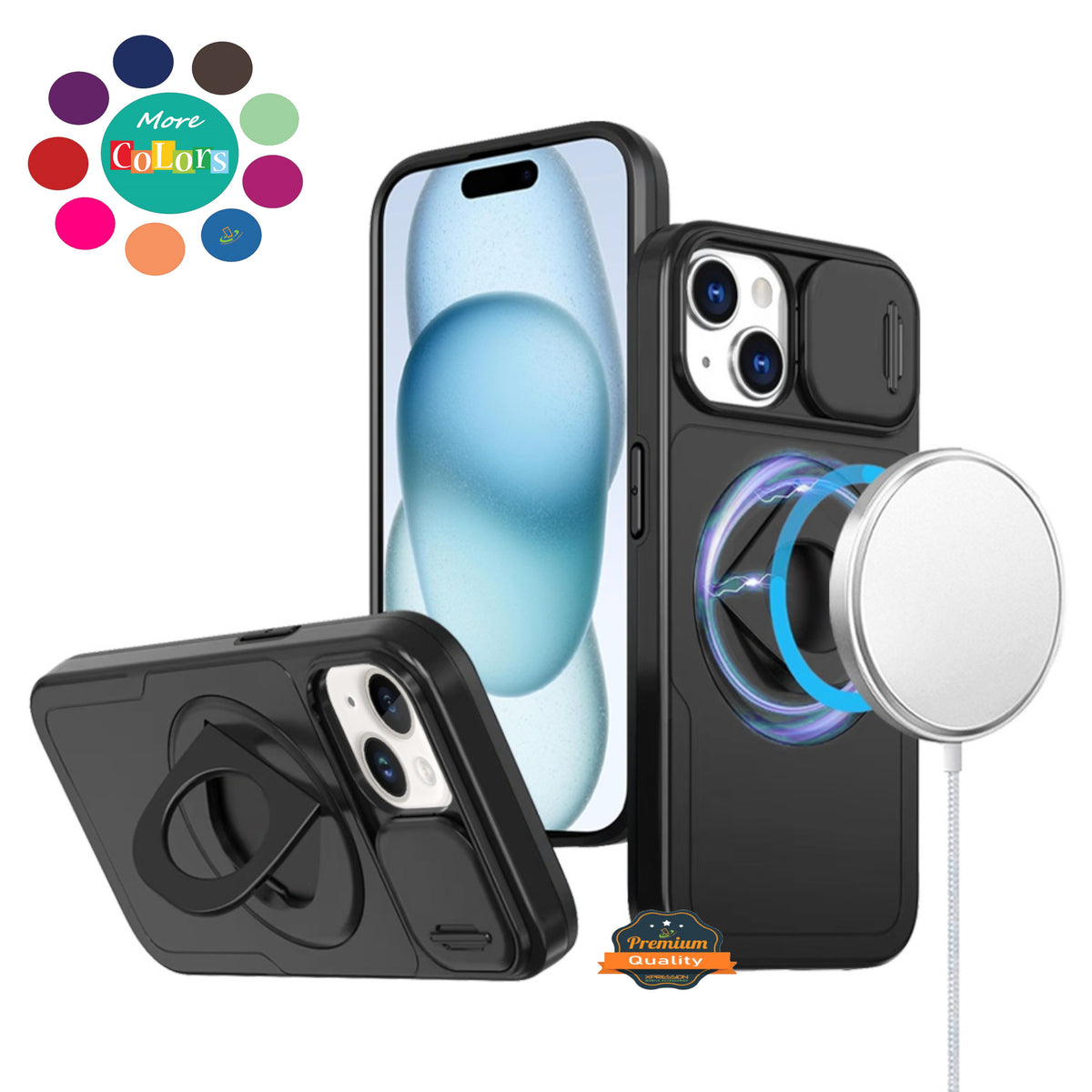For Apple iPhone 14 /13 Full Coverage with Camera Window, Magnetic Circle, Rotatable Ring Stand, MagSafe Compatible, Shockproof Hybrid Protectiv Case Cover