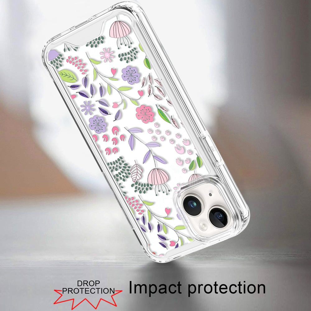 Phone Case for Apple iPhone 15 Beautiful Fashion Design TPU Shockproof Hybrid Rubber PC Slim Lightweight Protective Stylish Pattern Cover Purple and Green Wildflowers