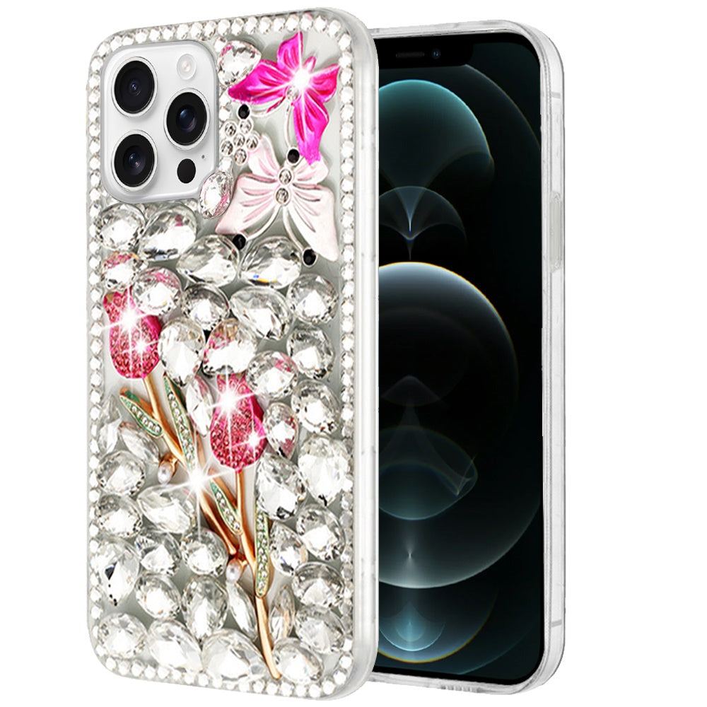 Phone Case for Apple iPhone 12 Pro Max Luxury Full Diamond Glitter 3D Floral Ornament Hybrid Shockproof Stylish Rhinestone Designer Protective Elegant Cover