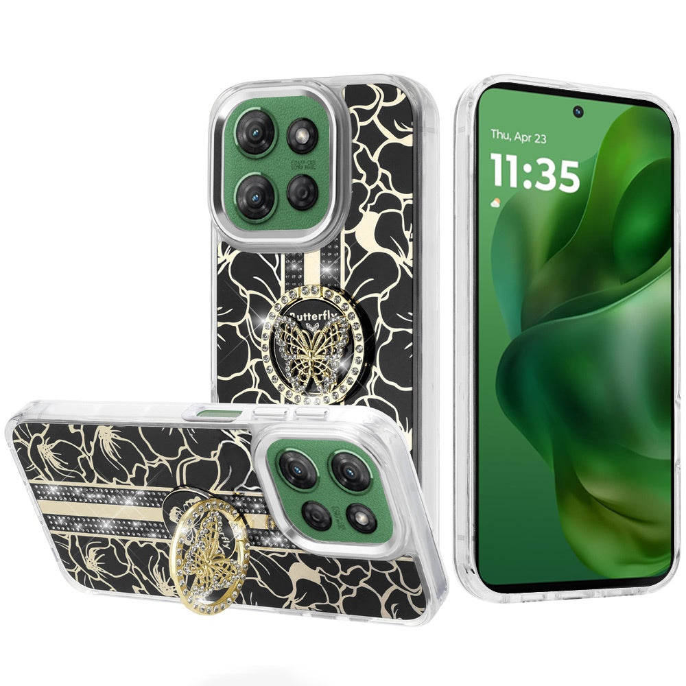 For Samsung Galaxy S26 Diamonds 3D Butterfly Floral Design Bling Sparkly Glitter Hybrid Metal Fashion with Ring Stand Case Cover