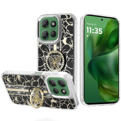 For Motorola Moto G Stylus 5G 2025 Diamonds 3D Butterfly Floral Design Bling Sparkly Glitter Hybrid Metal Fashion with Ring Stand Case Cover