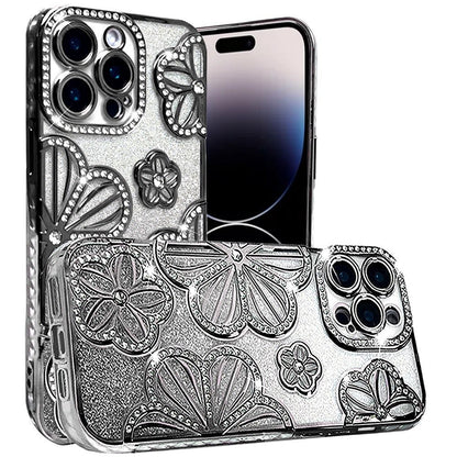 For Apple iPhone 15 Pro Max Luxury Floral Design Sparkle Glitter Diamond Crystal Rhinestone Shimmer Bling Plating Thick TPU Hard PC Case Cover