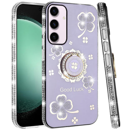 For Samsung Galaxy S21 Ultra Diamonds Bling All Around Edges Sparkly Glitter Hybrid Ring Stand Holder Fashion Good Luck Case Cover