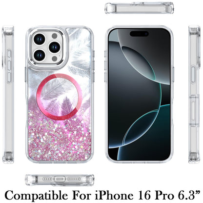 For Apple iPhone 16 Pro Epoxy Glitter Shimmer Fashion Case with Magnetic Magsafe Compatible Hybrid Sparkling Slim Protective Case Cover Hot Pink