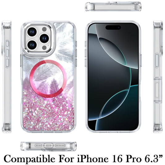 For Apple iPhone 16 Pro Epoxy Glitter Shimmer Fashion Case with Magnetic Magsafe Compatible Hybrid Sparkling Slim Protective Case Cover Hot Pink