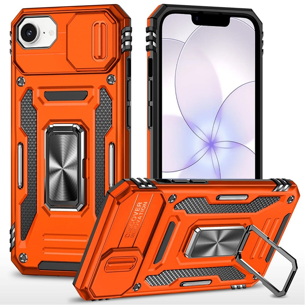 Phone Case for Apple iPhone 17E /16E Tough Metal Ring Shockproof Sliding Camera Window Hybrid Armor Rugged Anti Slip Heavy Duty Grip Cover Cosmic Orange