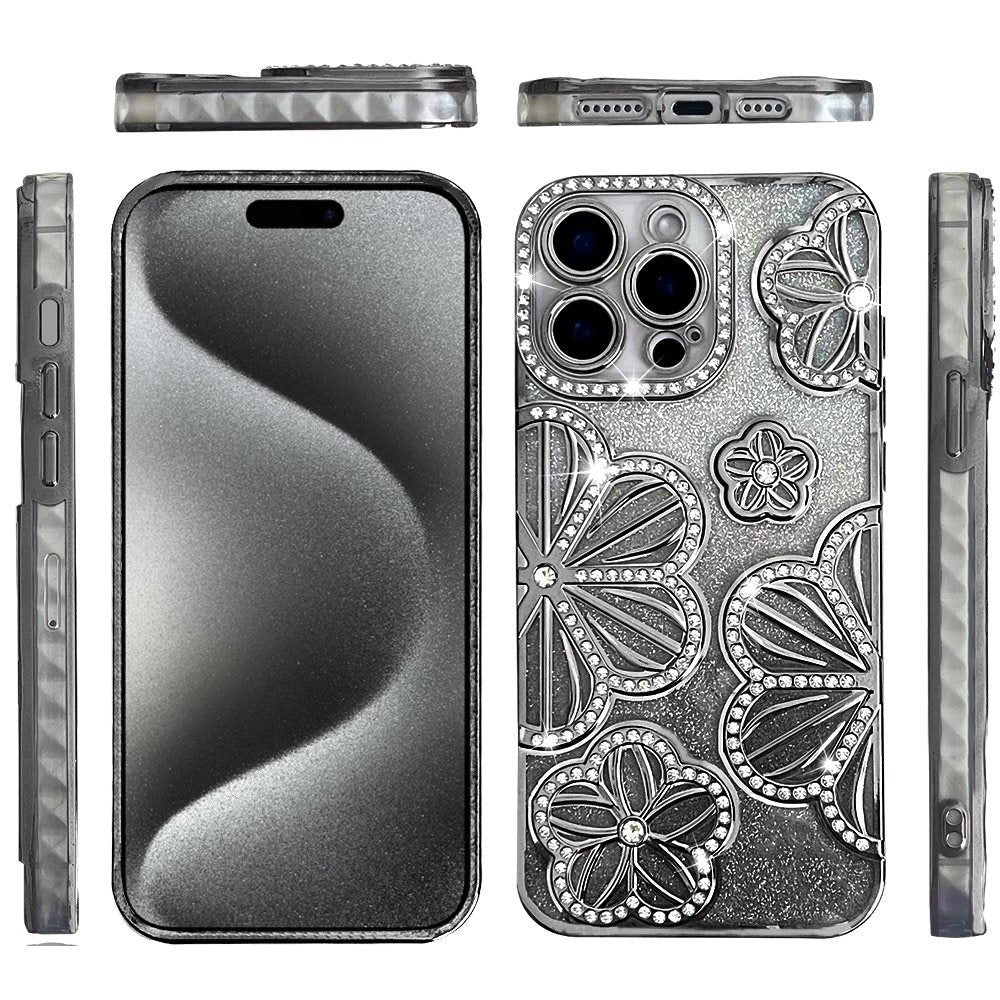 For Apple iPhone 15 Pro Max Luxury Flower Design Sparkle Glitter Diamond Rhinestone Shimmer Bling Plating Thick TPU Hard PC Case Cover
