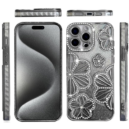 For Apple iPhone 15 Pro Max Luxury Flower Design Sparkle Glitter Diamond Rhinestone Shimmer Bling Plating Thick TPU Hard PC Case Cover