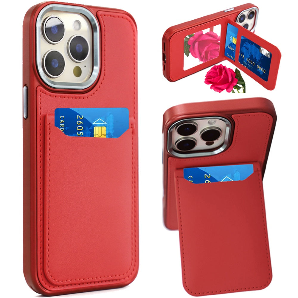 For Apple iPhone 14 Pro Max PU Leather Wallet Cover with Credit Card Holder, Kickstand & Mirror Inside Slim Fit TPU & PC Hybrid Design Case Cover