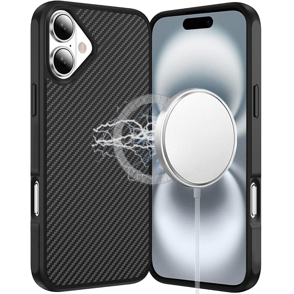 For Apple iPhone 16 (6.1") Carbon Fiber Design with Magnetic HQ 2.0mm Thick Hybrid Shockproof Rubber Hard PC Case Cover Black
