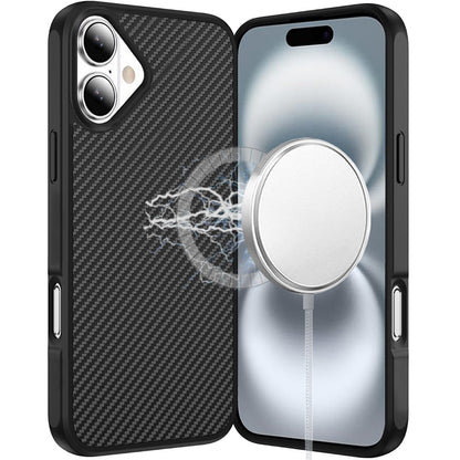 For Apple iPhone 16 (6.1") Carbon Fiber Design with Magnetic HQ 2.0mm Thick Hybrid Shockproof Rubber Hard PC Case Cover Black