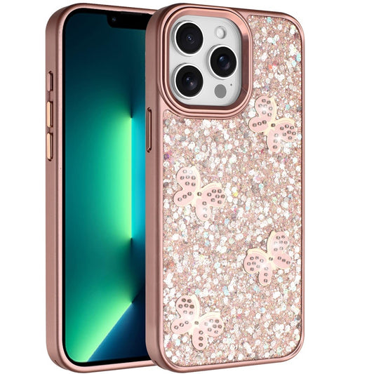 Phone Case for Apple iPhone 13 Pro Max Cute Butterfly Diamond Glitter Metallic Hybrid Shockproof Shimmer Grip Stylish Protective Luxury Designer Cover Gold