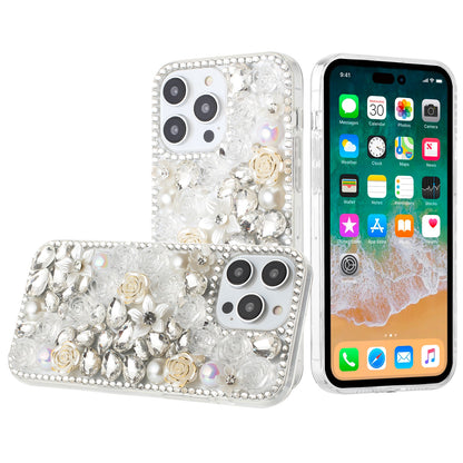 For Apple iPhone 16 Pro (6.3") Fashion Rose Flower Floral Bling Crystal 3D Full Diamonds Pearl Sparkle Rhinestone Glitter Hybrid Case Cover