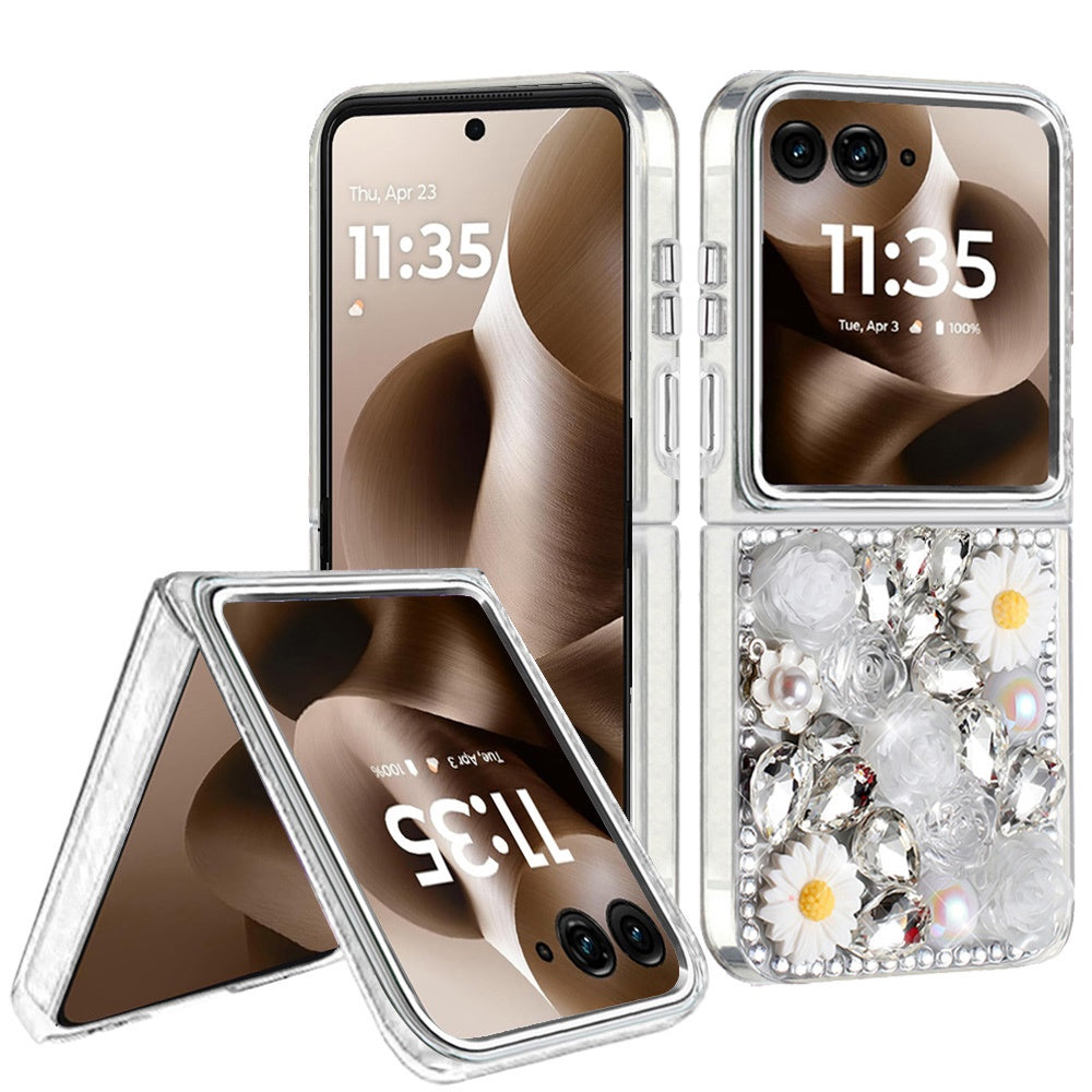 For Motorola Razr Ultra 2025 Fashion Daisy Floral Series, Full 3D Bling Crystal Diamonds Sparkling Rhinestone Glitter Hybrid Design Case Cover