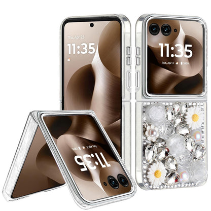 For Motorola Razr Ultra 2025 Fashion Daisy Floral Series, Full 3D Bling Crystal Diamonds Sparkling Rhinestone Glitter Hybrid Design Case Cover