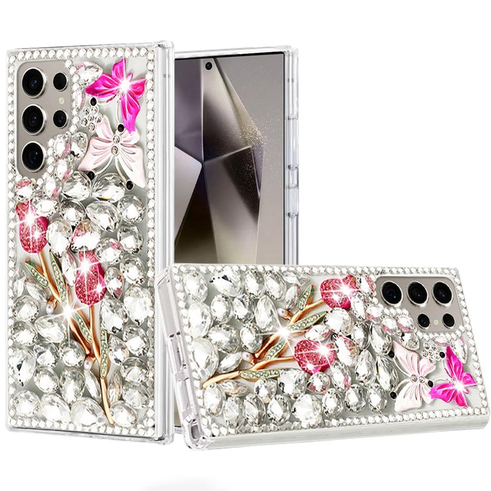 Phone Case for Samsung Galaxy S24 Ultra Luxury Full Diamond Glitter 3D Floral Ornament Hybrid Shockproof Stylish Rhinestone Designer Protective Elegant Cover