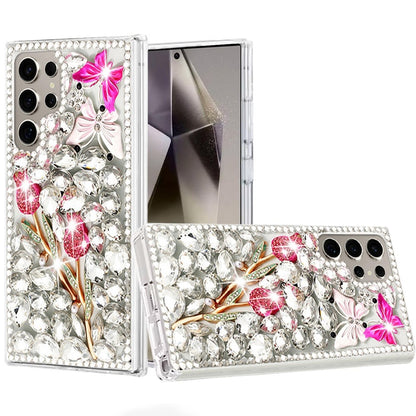 Phone Case for Samsung Galaxy S24 Ultra Luxury Full Diamond Glitter 3D Floral Ornament Hybrid Shockproof Stylish Rhinestone Designer Protective Elegant Cover