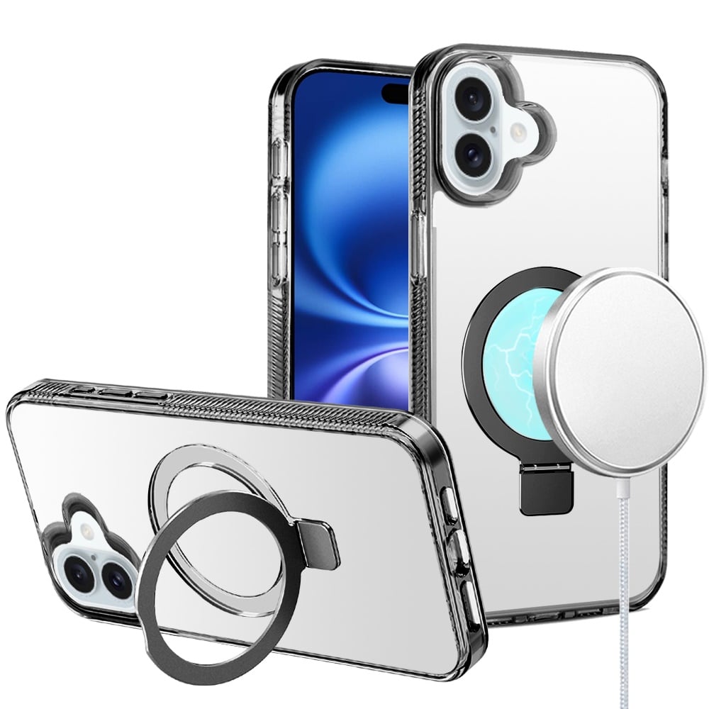 For Apple iPhone 17 (6.3") Transparent Magnetic Ring Circle Stand with MagSafe Compatible Hybrid Dotted Edged Hard PC Shockproof Case Cover Black