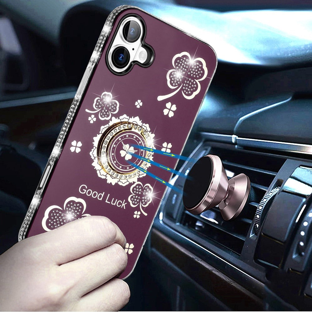 Phone Case for Apple iPhone 17 (6.3") Glitter Diamond Ring Stand Sparkle Rhinestone Edge AntiSlip Kickstand Luxury Fashion Bumper Shockproof Cover Red