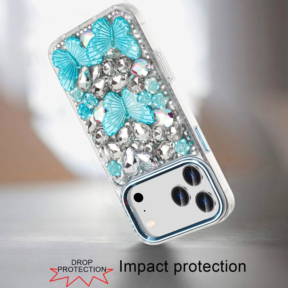Phone Case for Apple iPhone 17 Pro Max Luxury 3D Floral Butterfly Bling Rhinestone Glitter Shockproof Stylish Protective Hybrid Designer Metallic Cover Blue